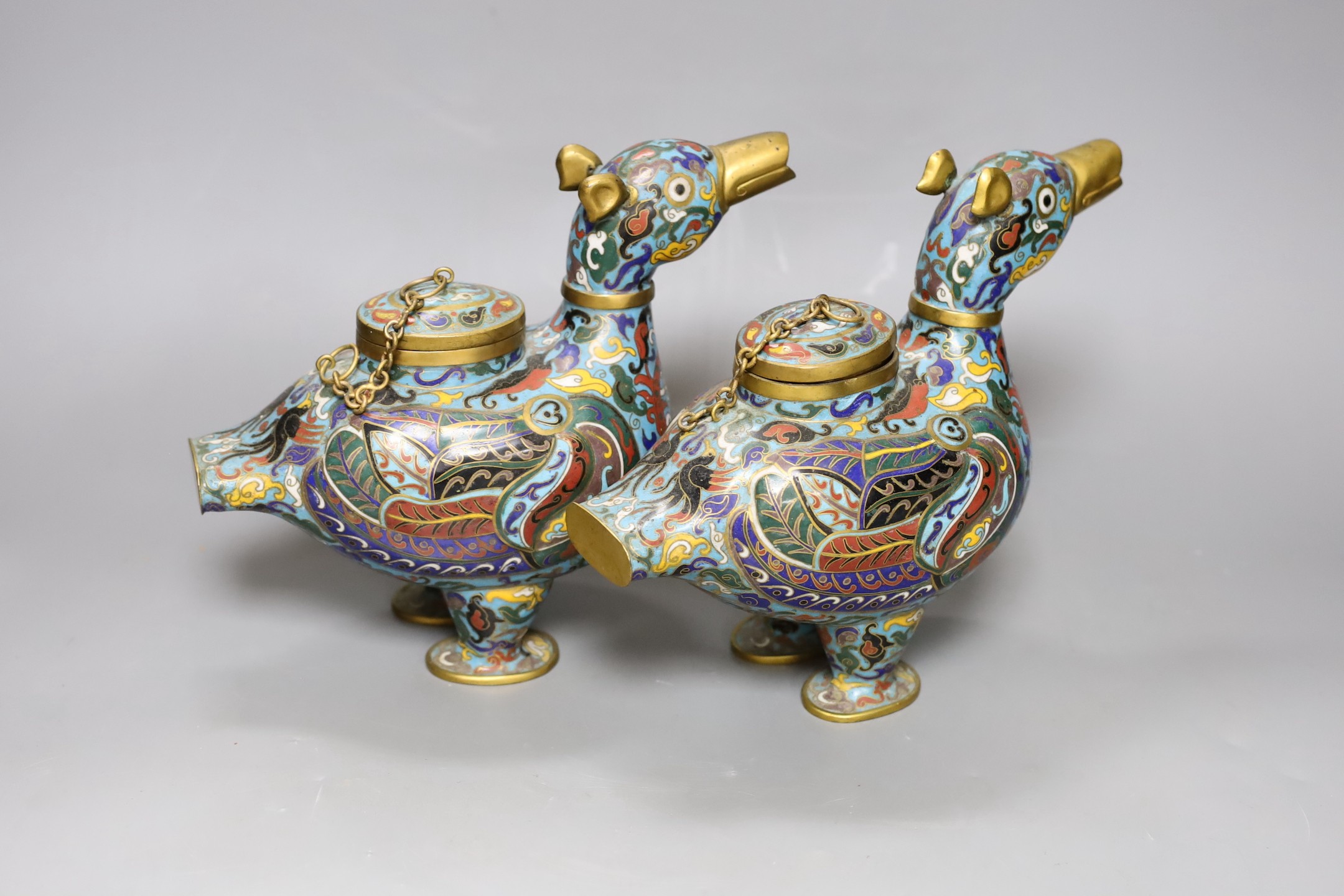 A pair of 20th century Chinese cloisonné enamel ‘duck’ vessels, 20cm
